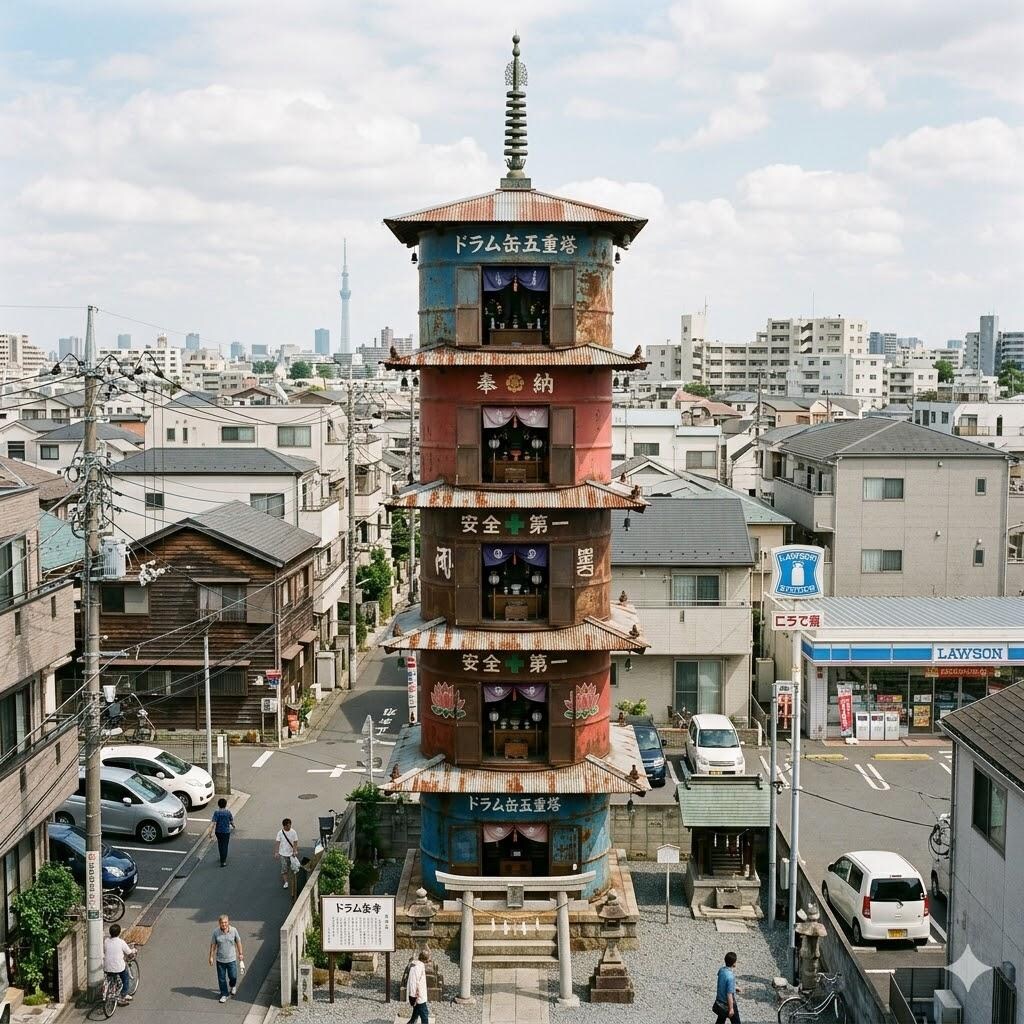 ドラム缶を使用した五重の塔