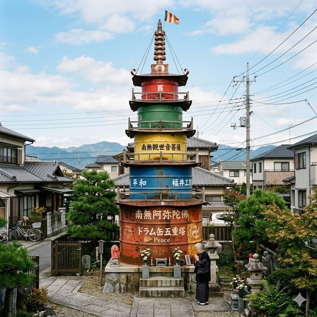 ドラム缶を使用した五重の塔