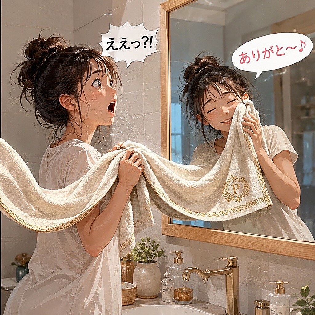 鏡の中の自分にタオル取られた子