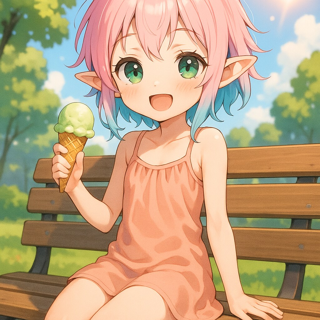 ベンチでアイス