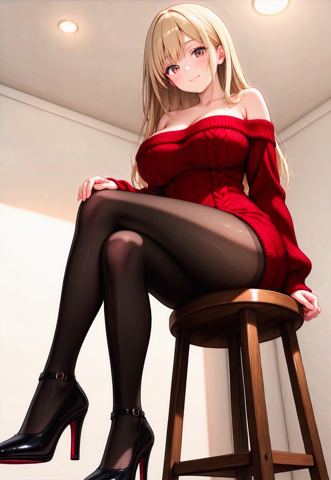 1157（赤いオフショルニットワンピ） | の人気AIイラスト・グラビア