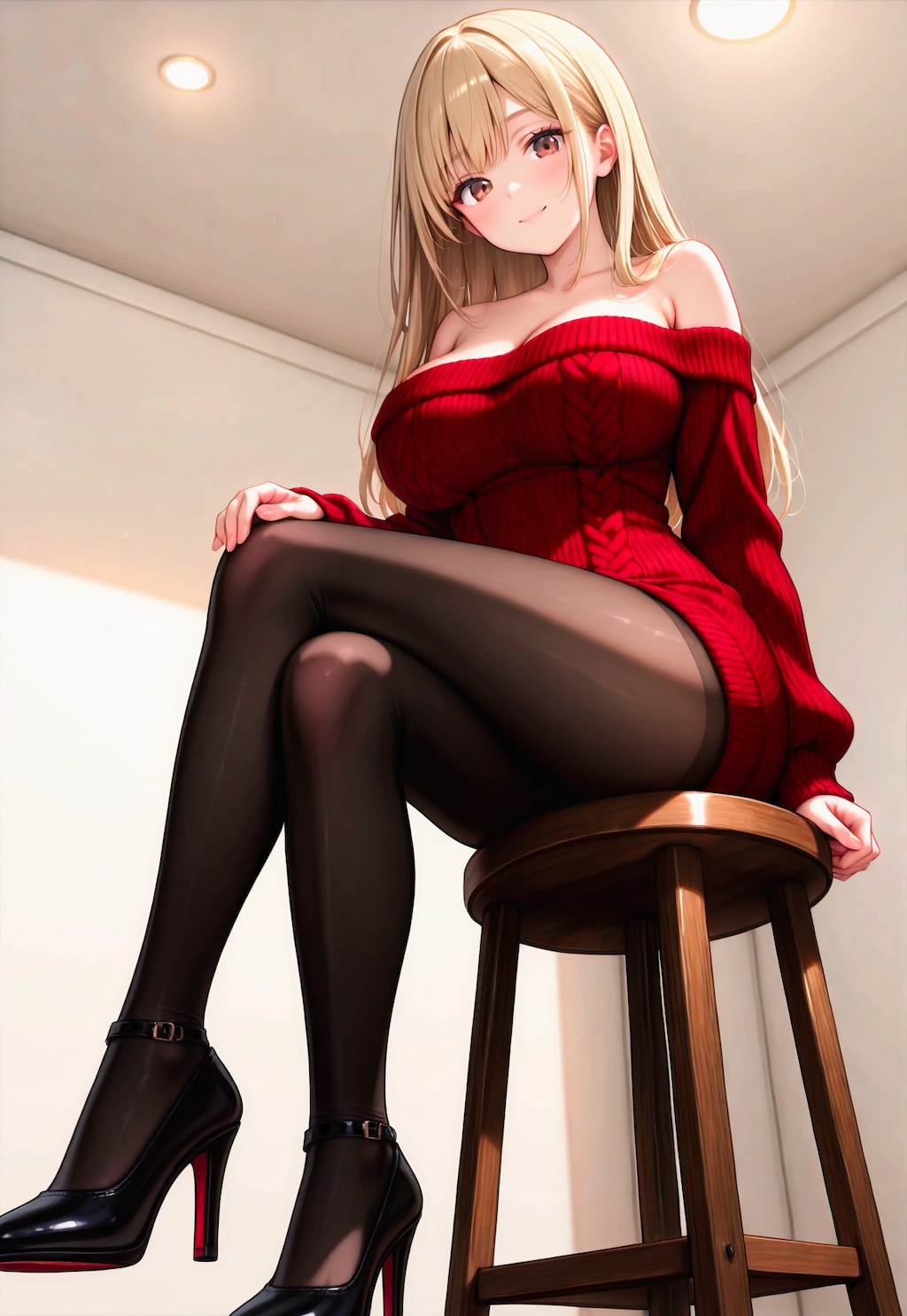 1157（赤いオフショルニットワンピ）