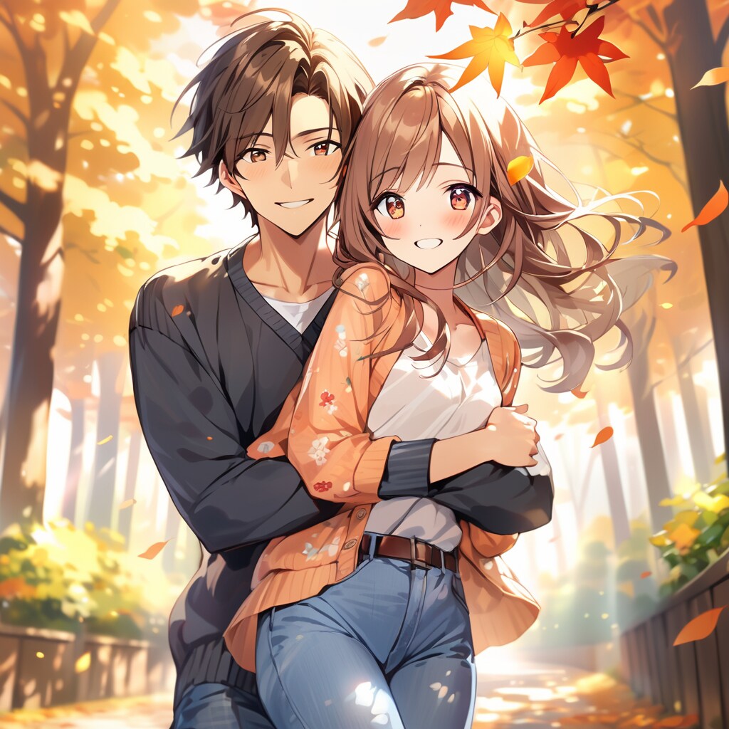 秋ファッション　カップルハグ画像 | の人気AIイラスト・グラビア