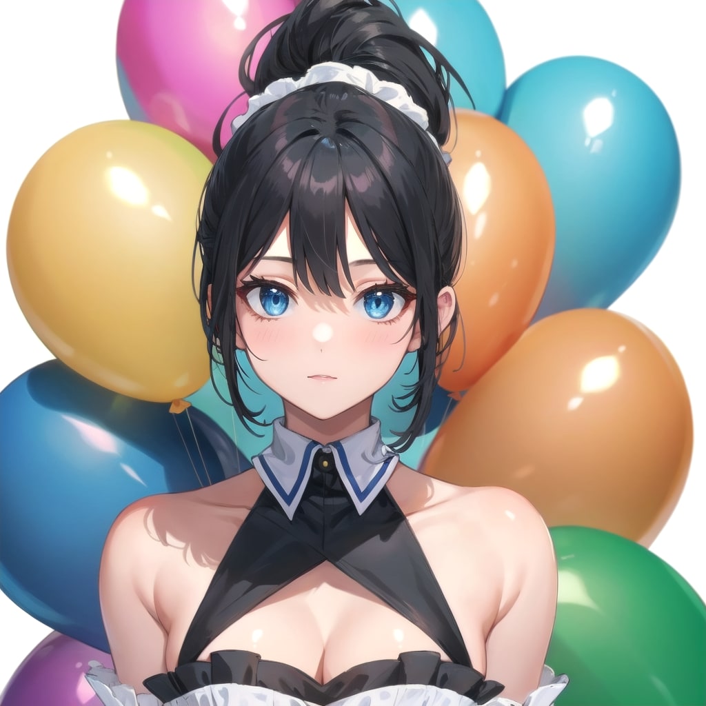 いっぱい風船を持つ黒髪ポニーテールのメイド服着た美女