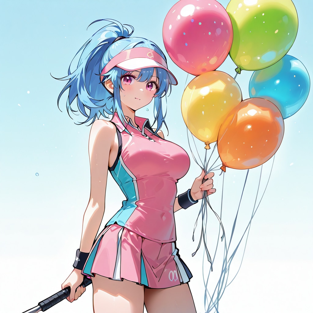 いっぱい色とりどりの風船を持つ青い髪ポニーテールのピンクのテニスウェア着た美女 | の人気AIイラスト・グラビア