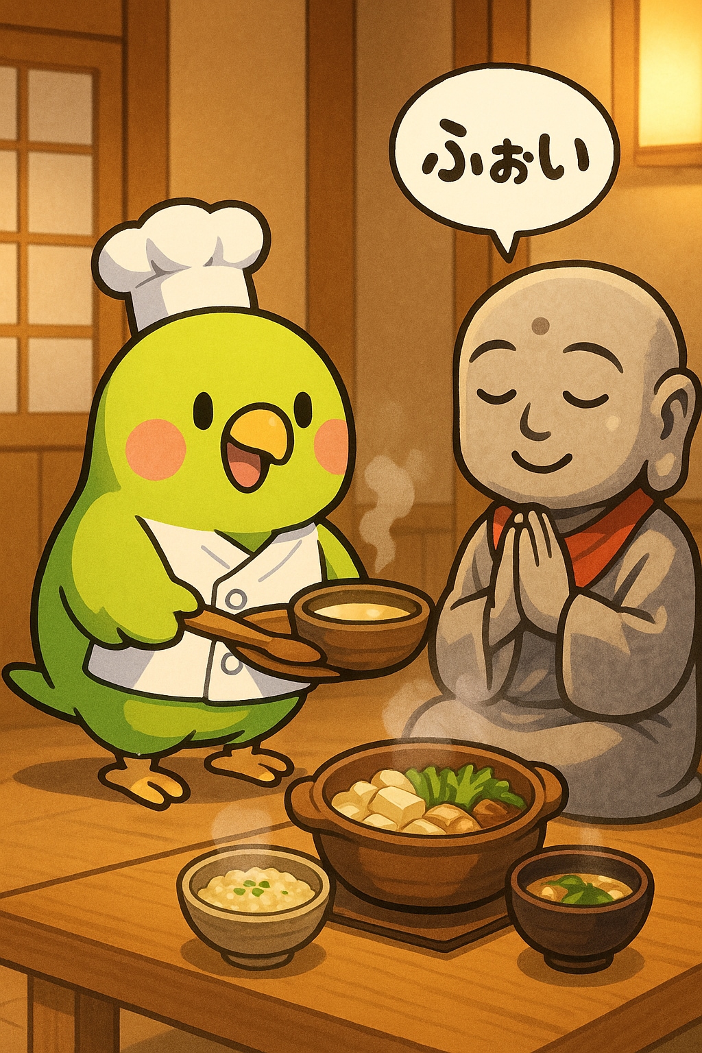 おだしの効いた鍋料理を提供するインコ