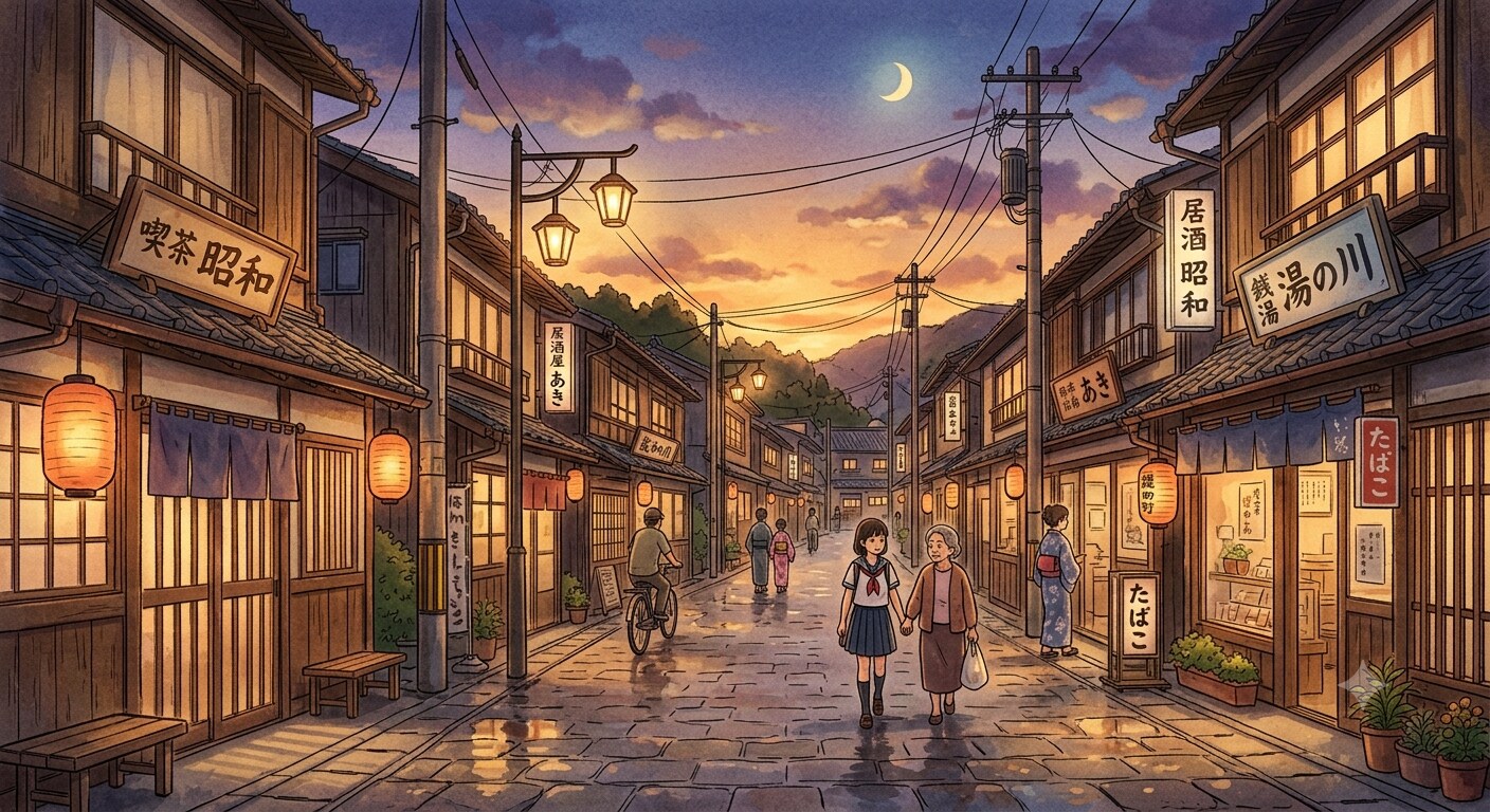 夕暮れのノスタルジックな町並み