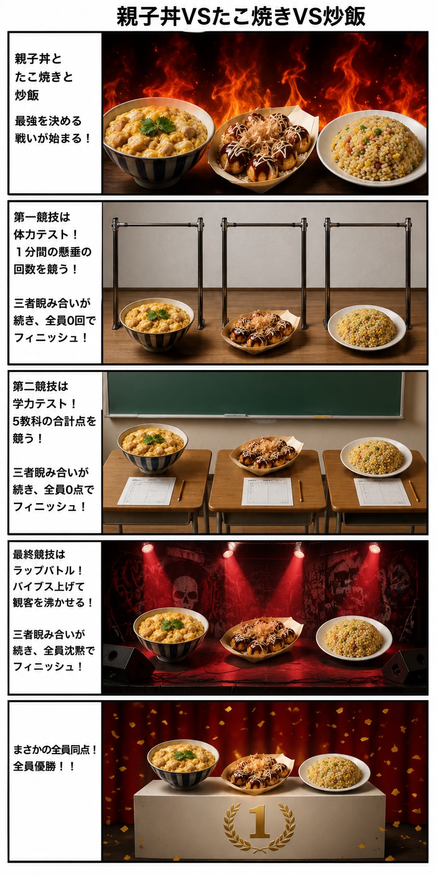 【漫画】親子丼VSたこ焼きVS炒飯