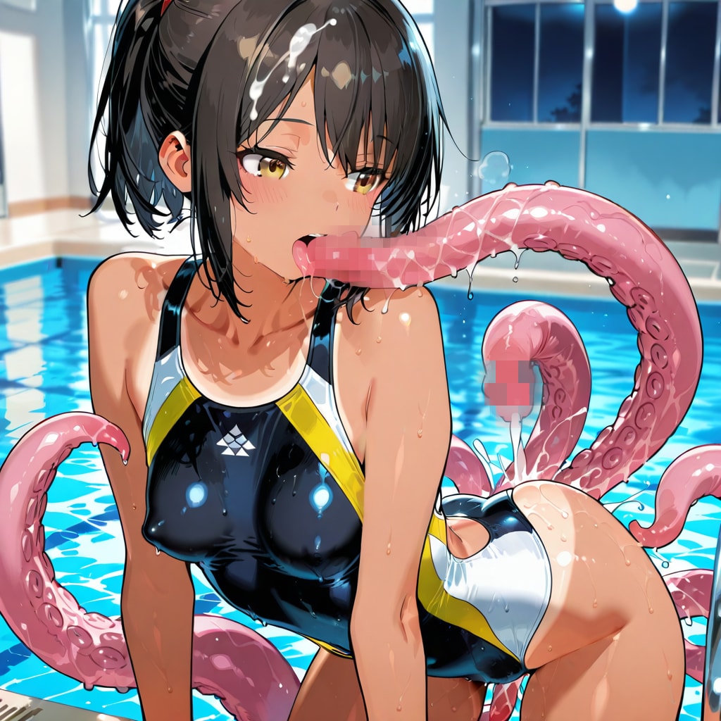 競泳水着の日焼け少女と触手