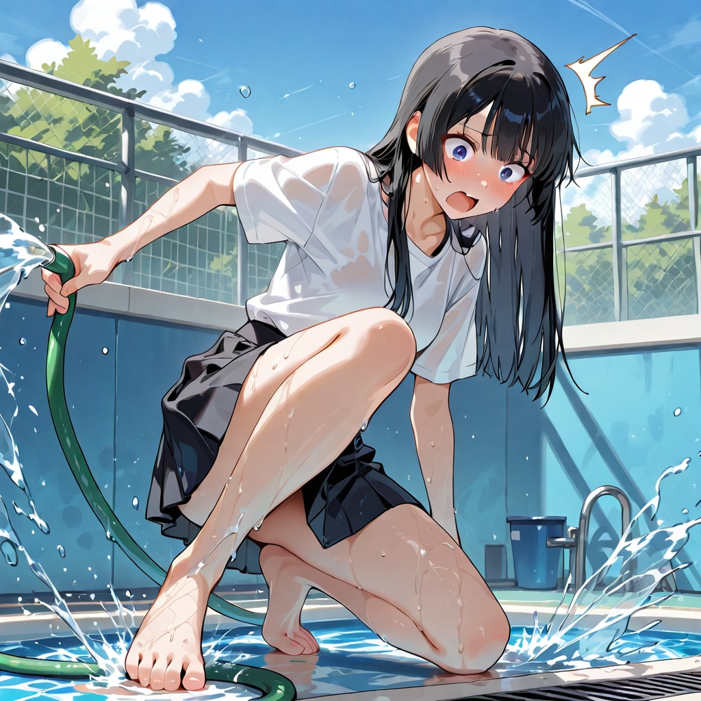 滑りそうになる長髪黒髪少女