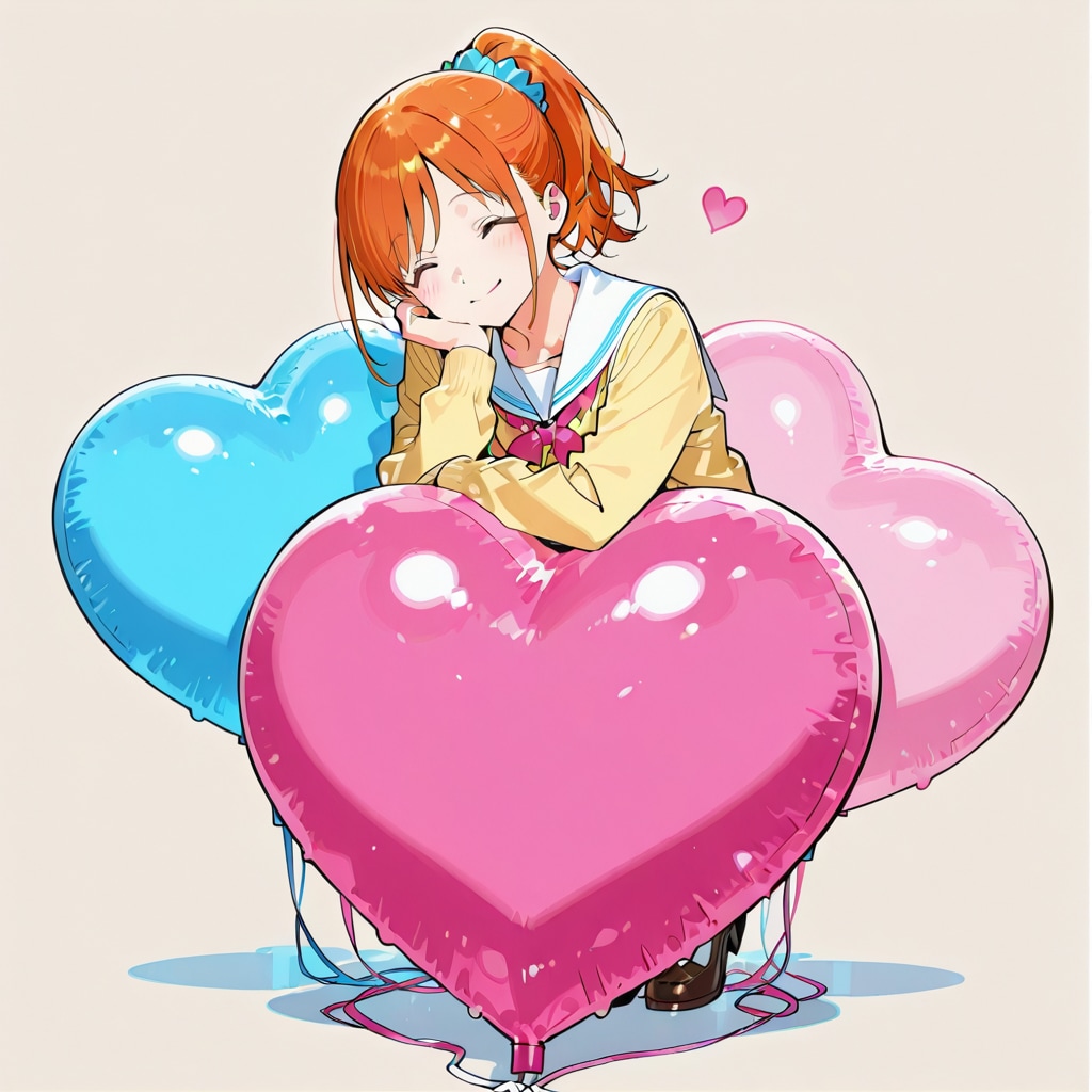 大きいハート風船を持つオレンジ髪ポニーテールの美人 | の人気AIイラスト・グラビア