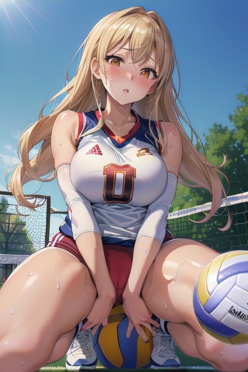 ボールに跨がるギャルバレー部員