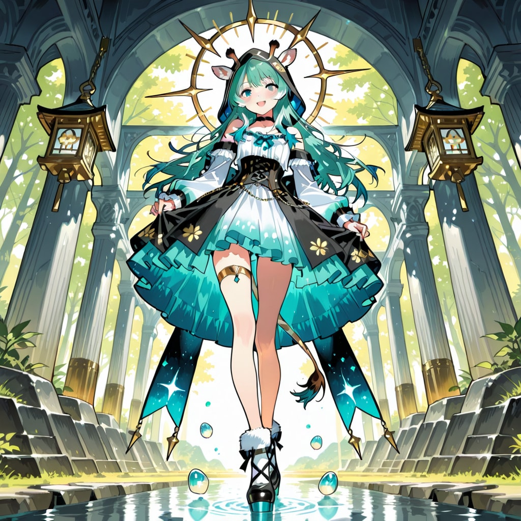 森の中の神殿とキリンフーディーお姉さん