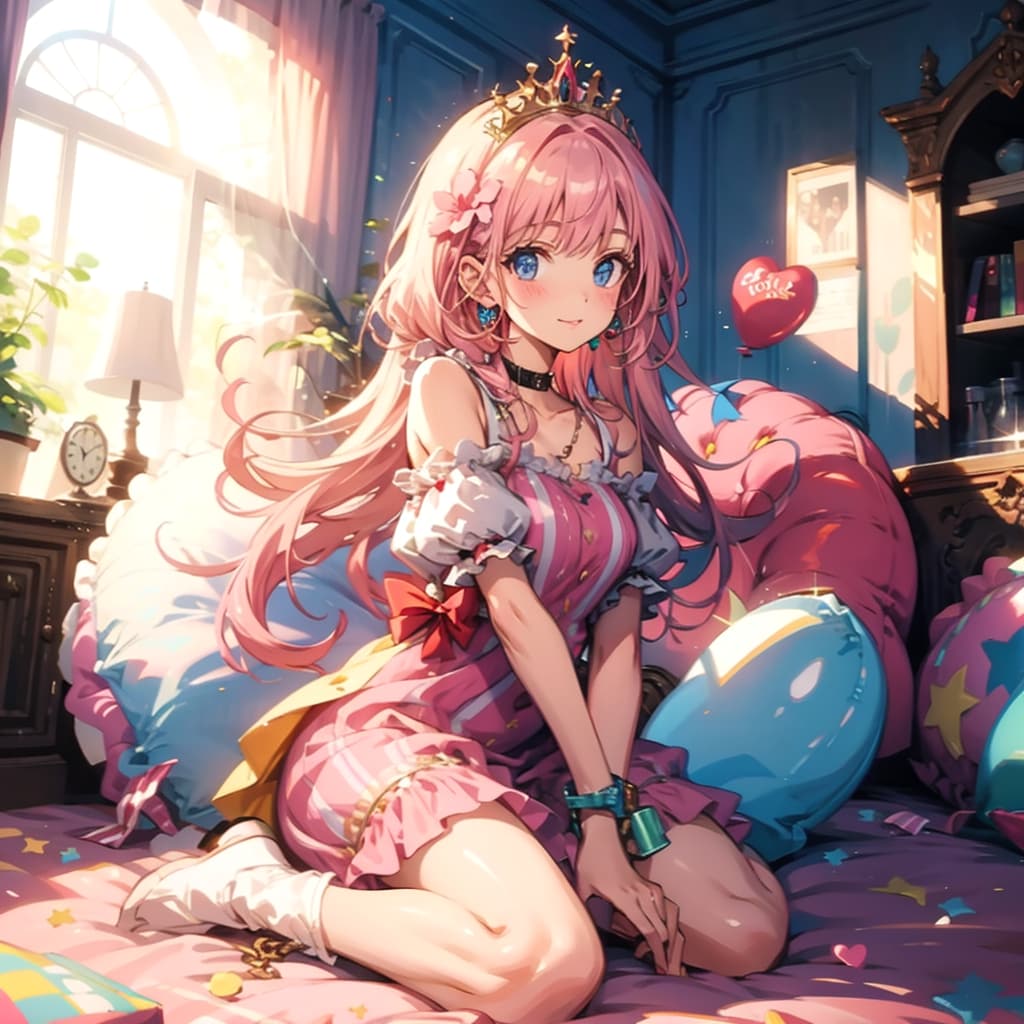 お城の部屋の中でいっぱい色とりどりの風船で遊ぶピンク髪ロングのお姫様 | の人気AIイラスト・グラビア