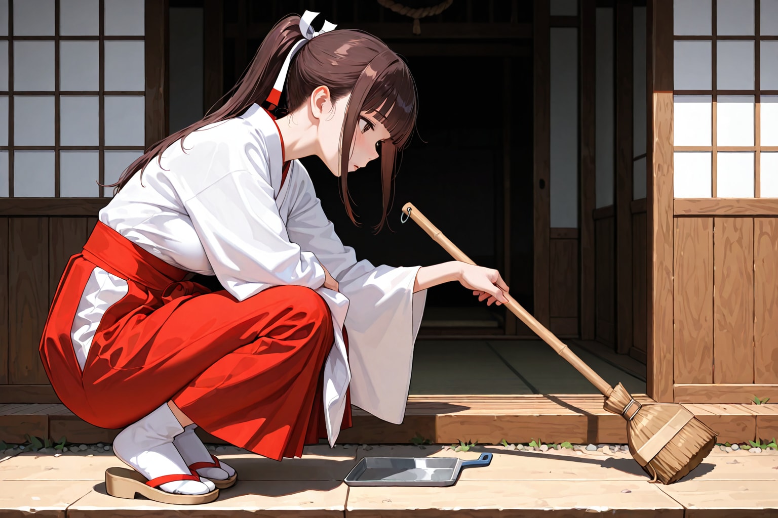 掃除中、物思いに耽る巫女さん。（LILY）