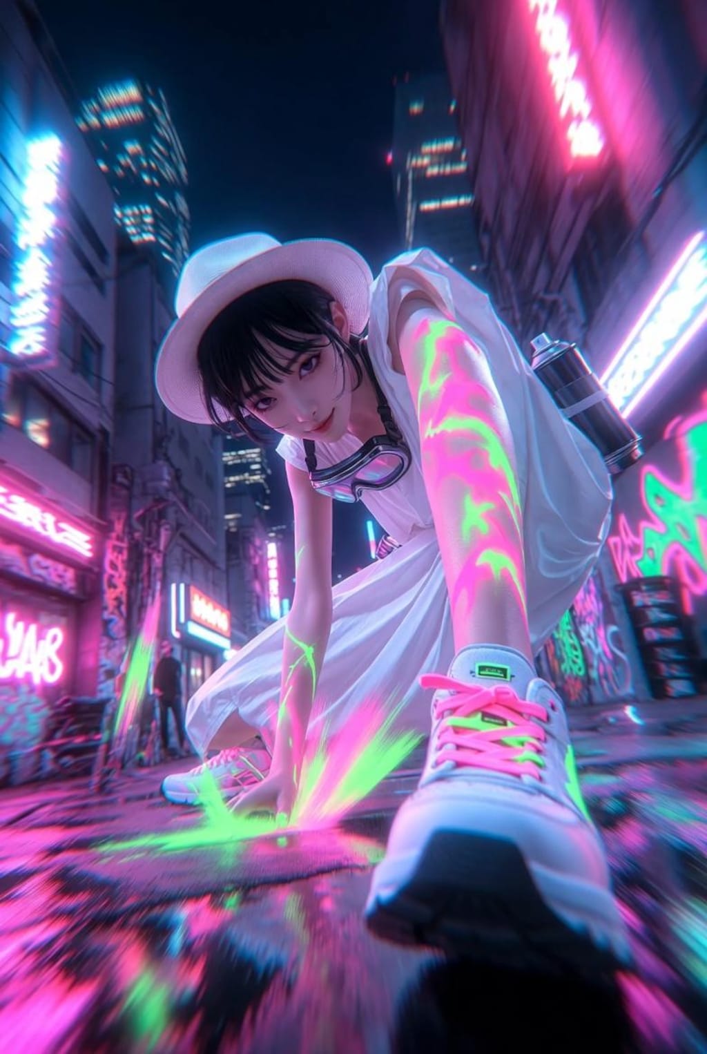 exaggerated foreshortening, with hands and feet taking up half the screen;