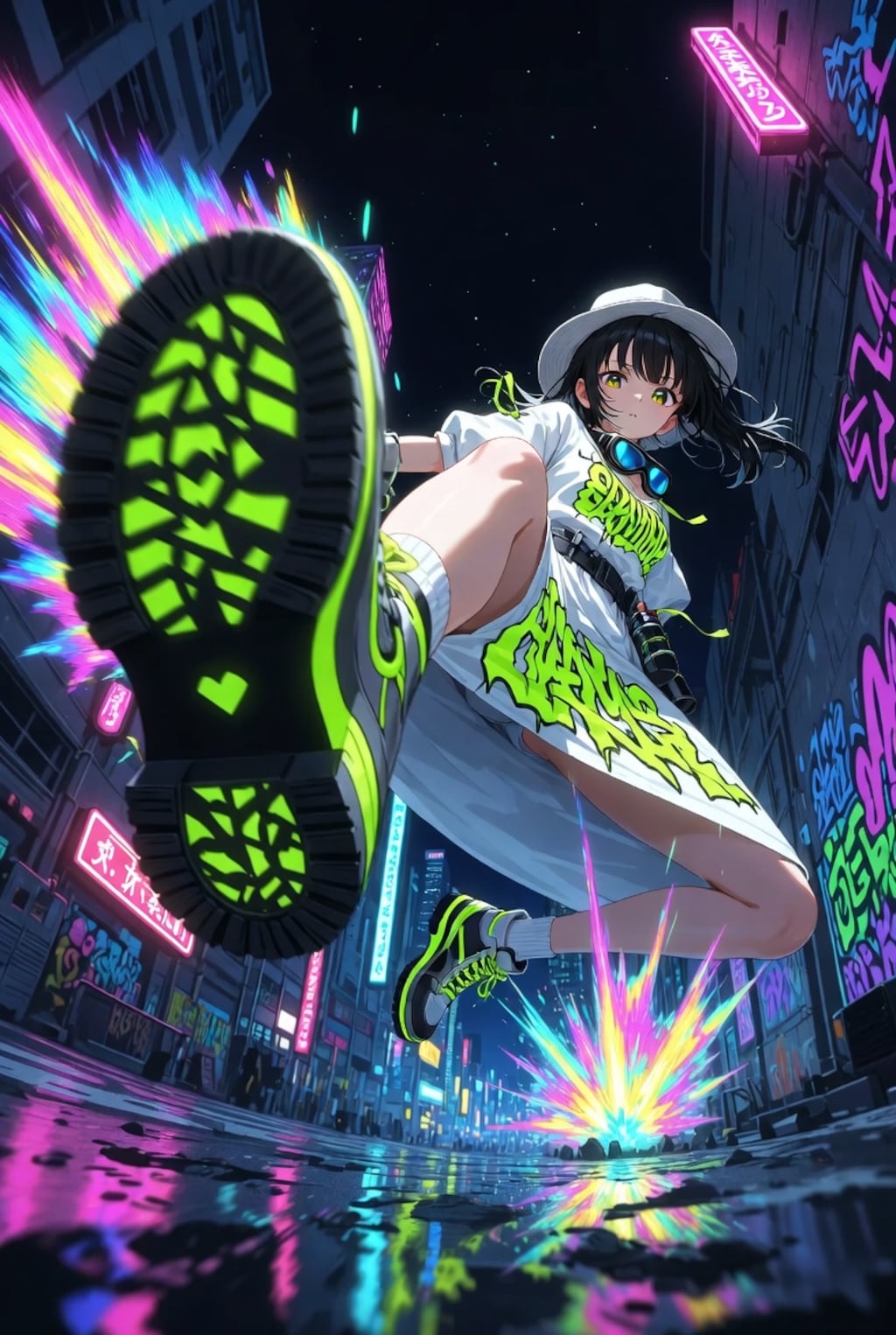 exaggerated foreshortening, with hands and feet taking up half the screen;