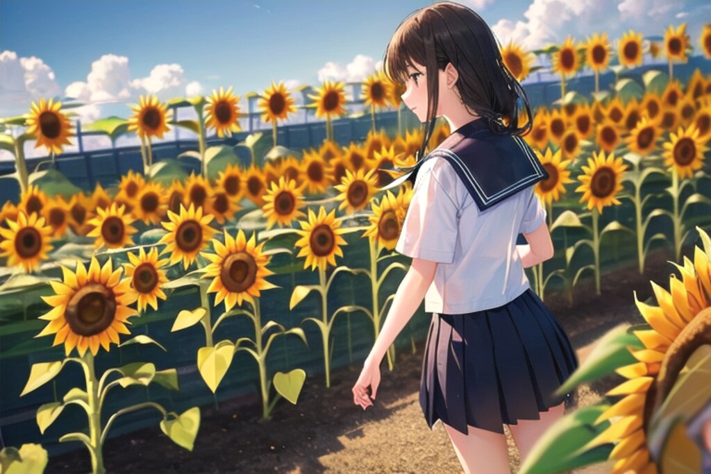 ひまわりとセーラー服の女の子