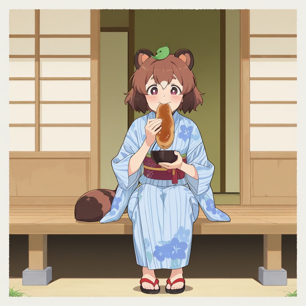 縁側で食事をする狸娘