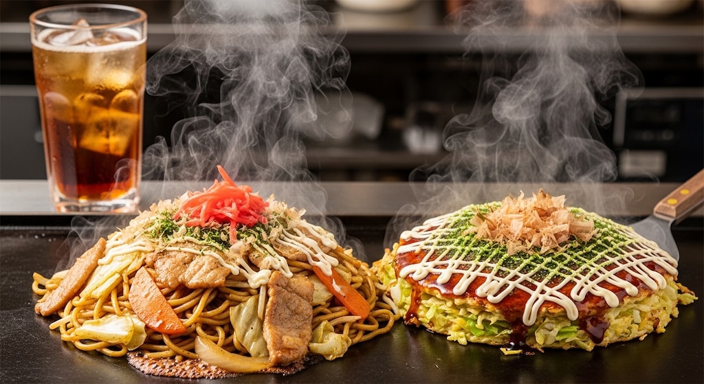 摩訶不思議食堂のお好み焼きと焼きそばのセット