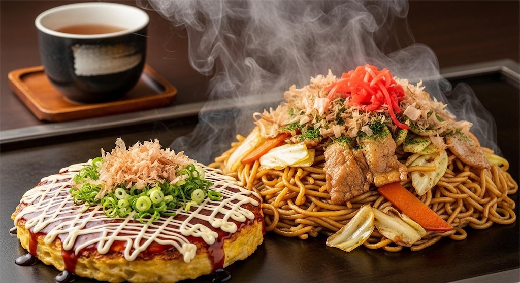 摩訶不思議食堂のお好み焼きと焼きそばのセット