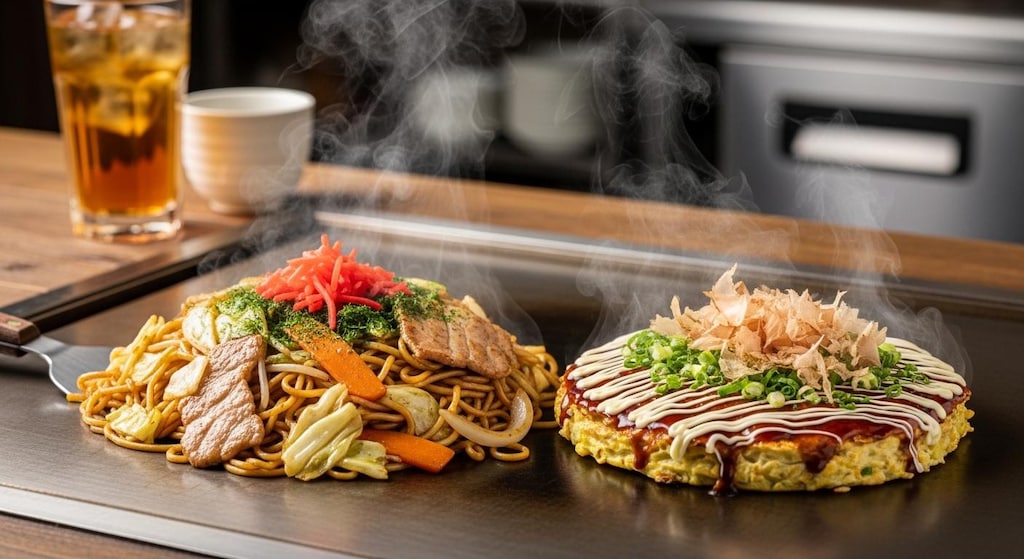 摩訶不思議食堂のお好み焼きと焼きそばのセット