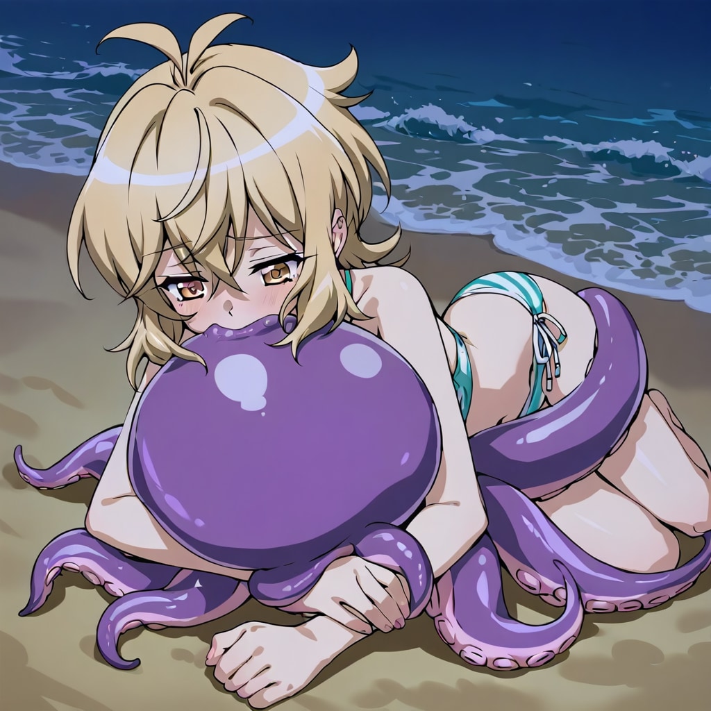 夜の海の立花響とタコ