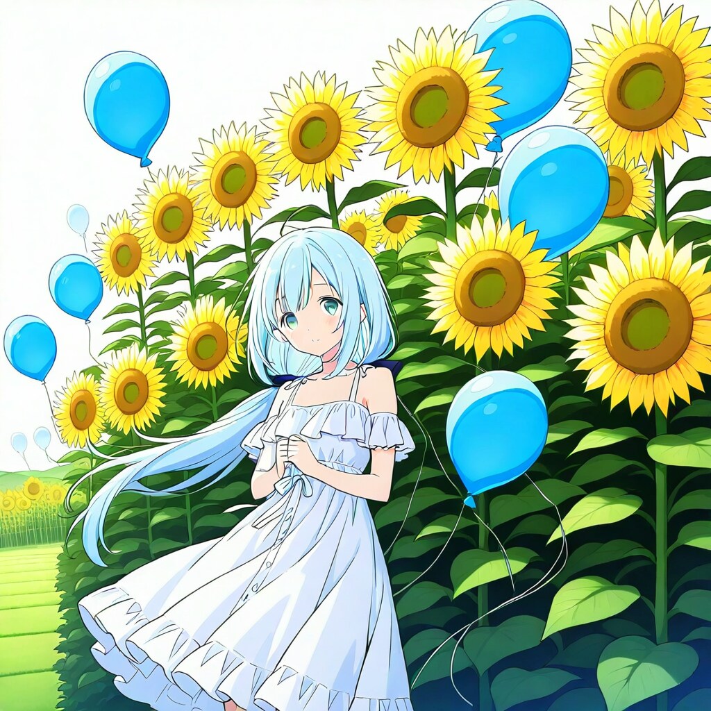 ひまわり畑で水色の風船を膨らませて遊ぶ水色の髪の美少女