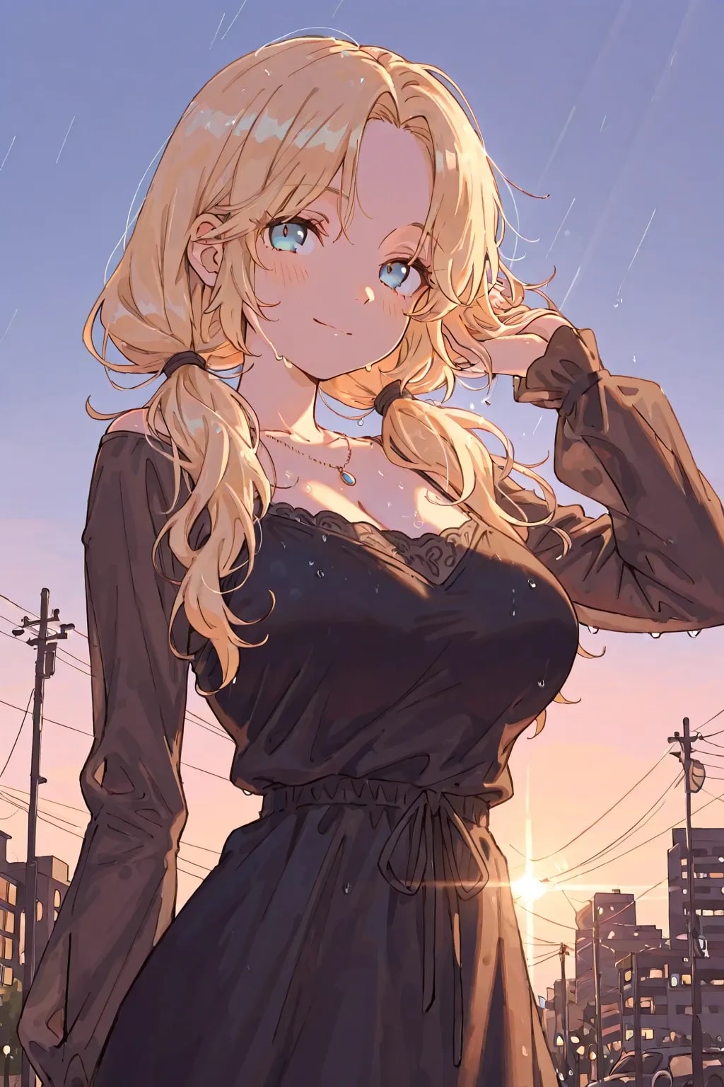 夕暮れ、雨上がりの街