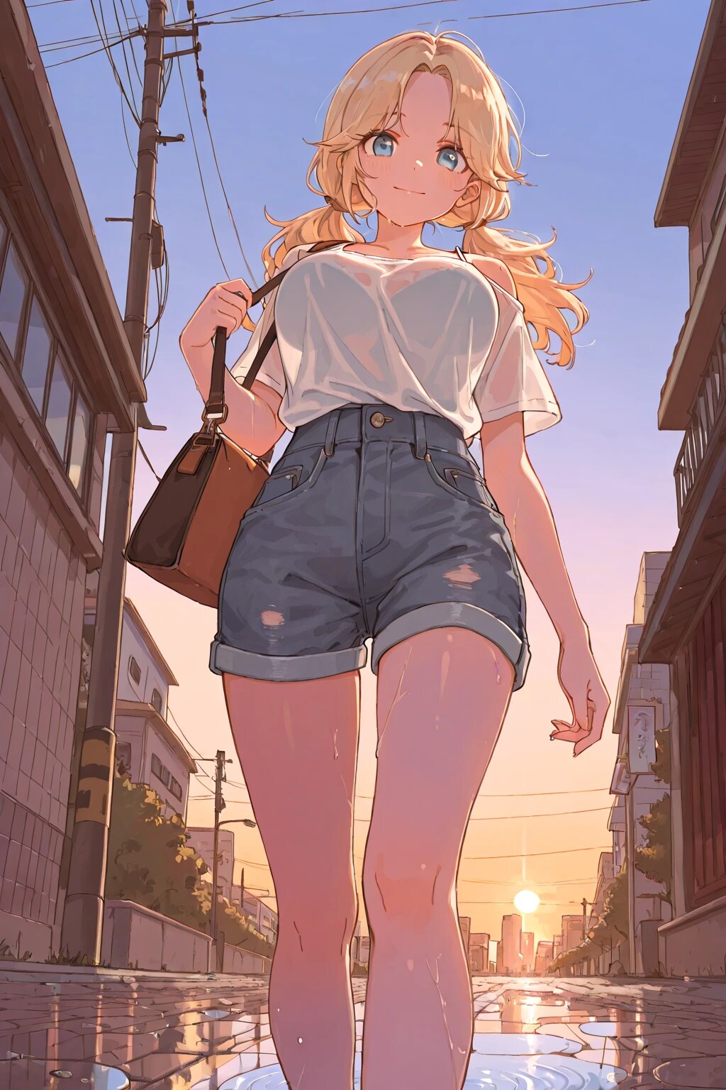 夕暮れ、雨上がりの街