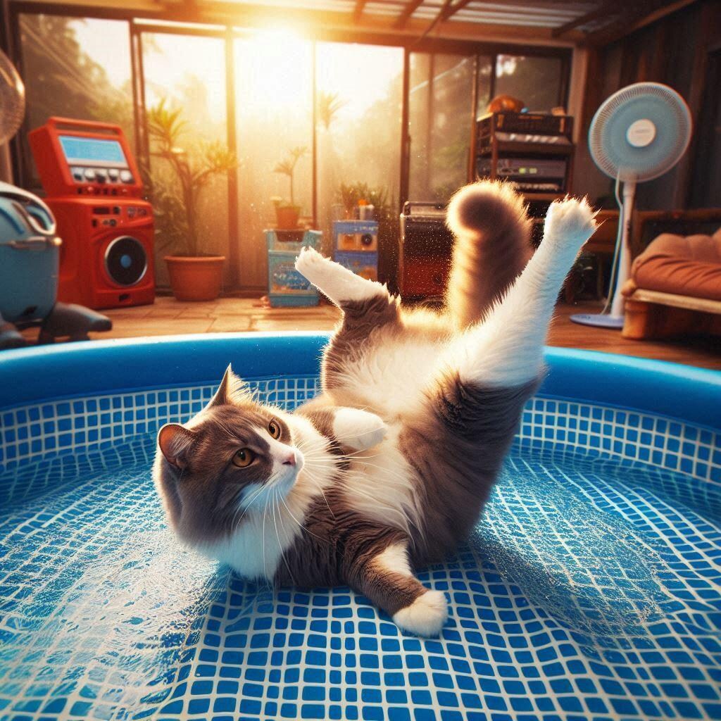 ビニールプールに入り浸る猫