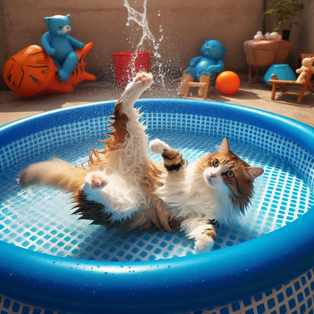 ビニールプールに入り浸る猫