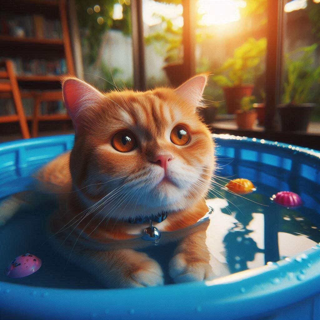 ビニールプールに入り浸る猫