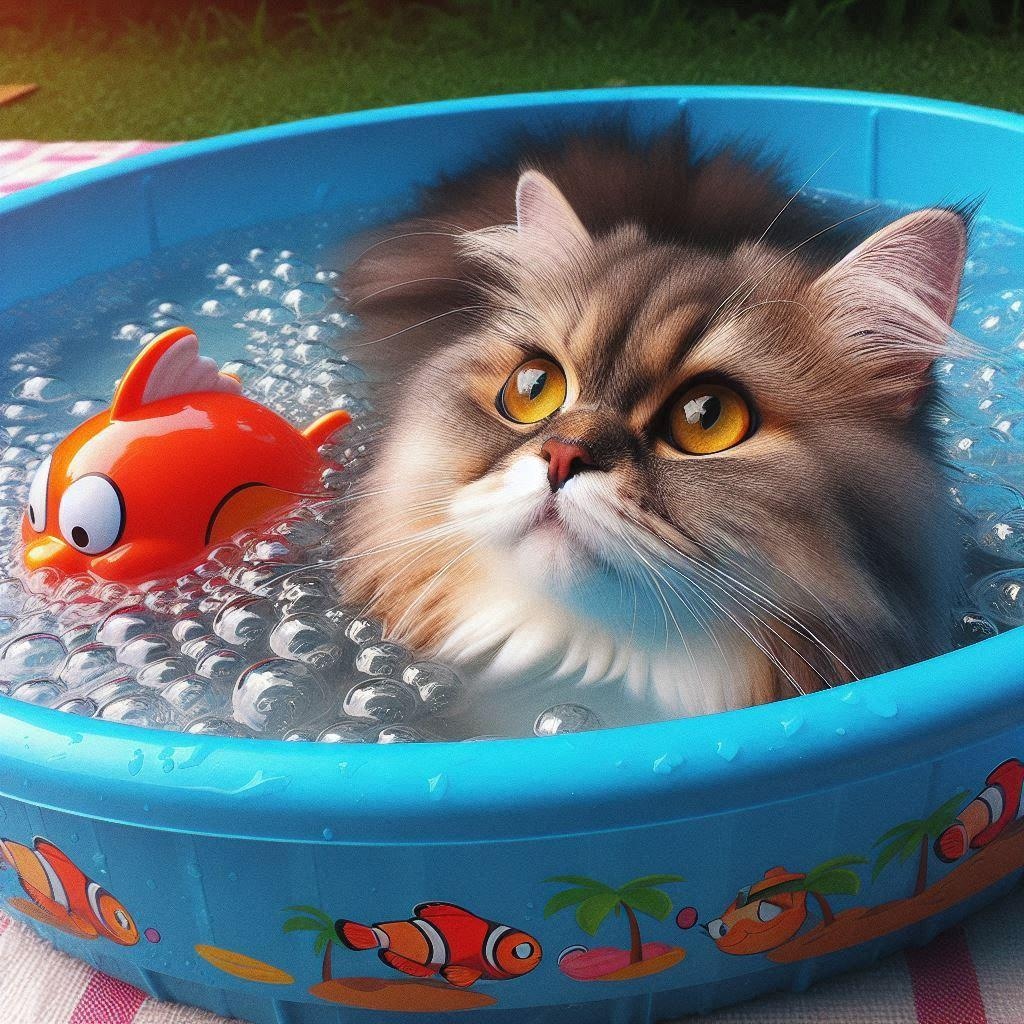 ビニールプールに入り浸る猫