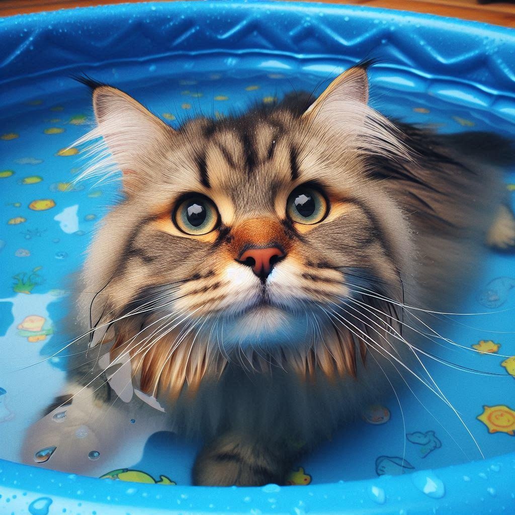 ビニールプールに入り浸る猫