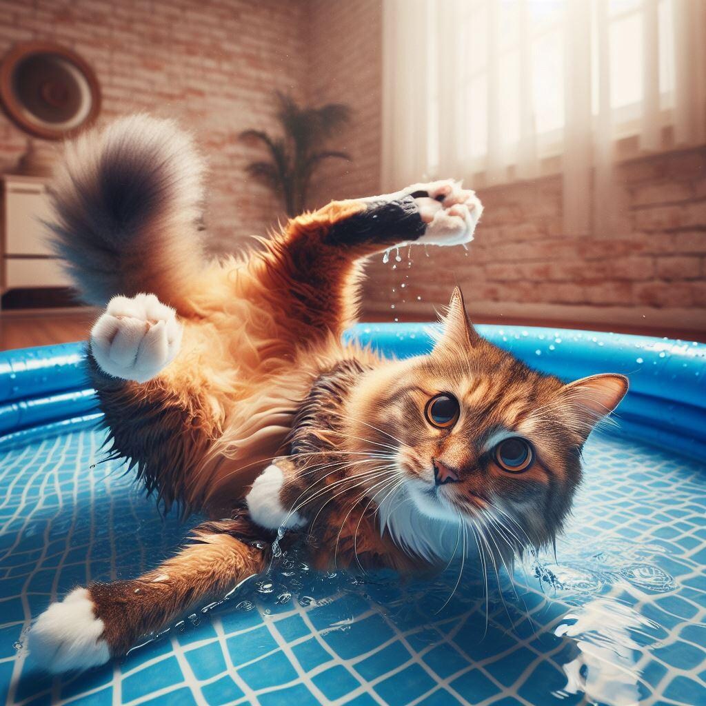 ビニールプールに入り浸る猫