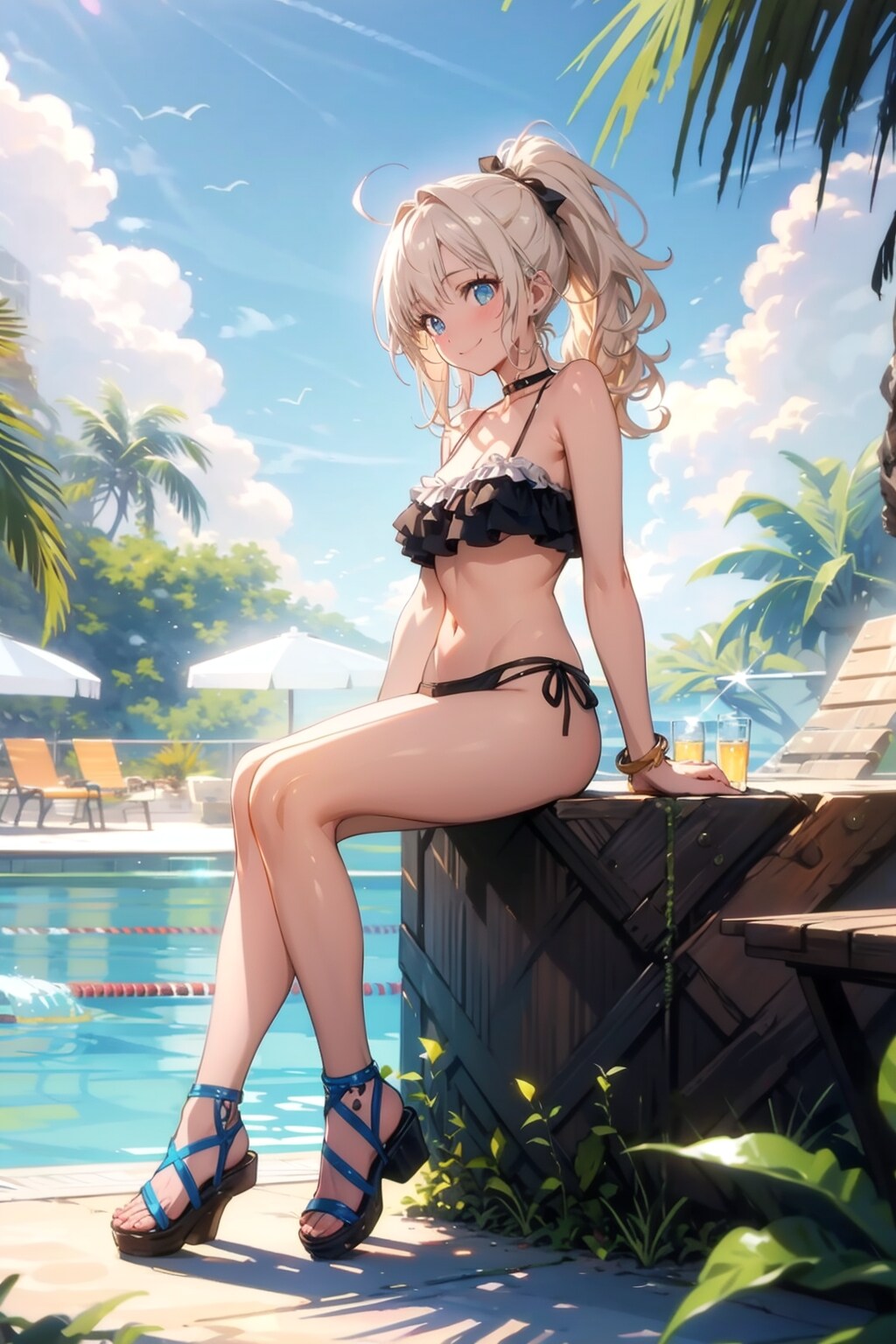 プールサイドに佇む金髪ビキニ水着の美少女 ー #TOPAZ Ver. ー