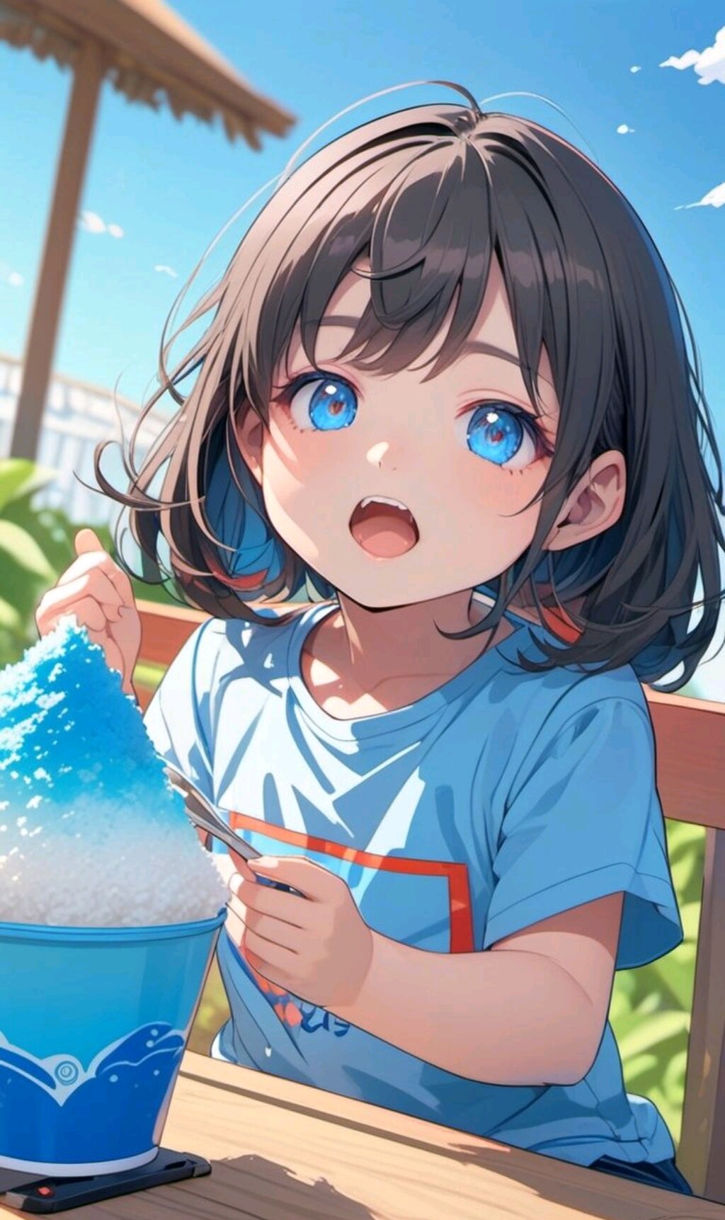 かき氷を食べる小さな女の子