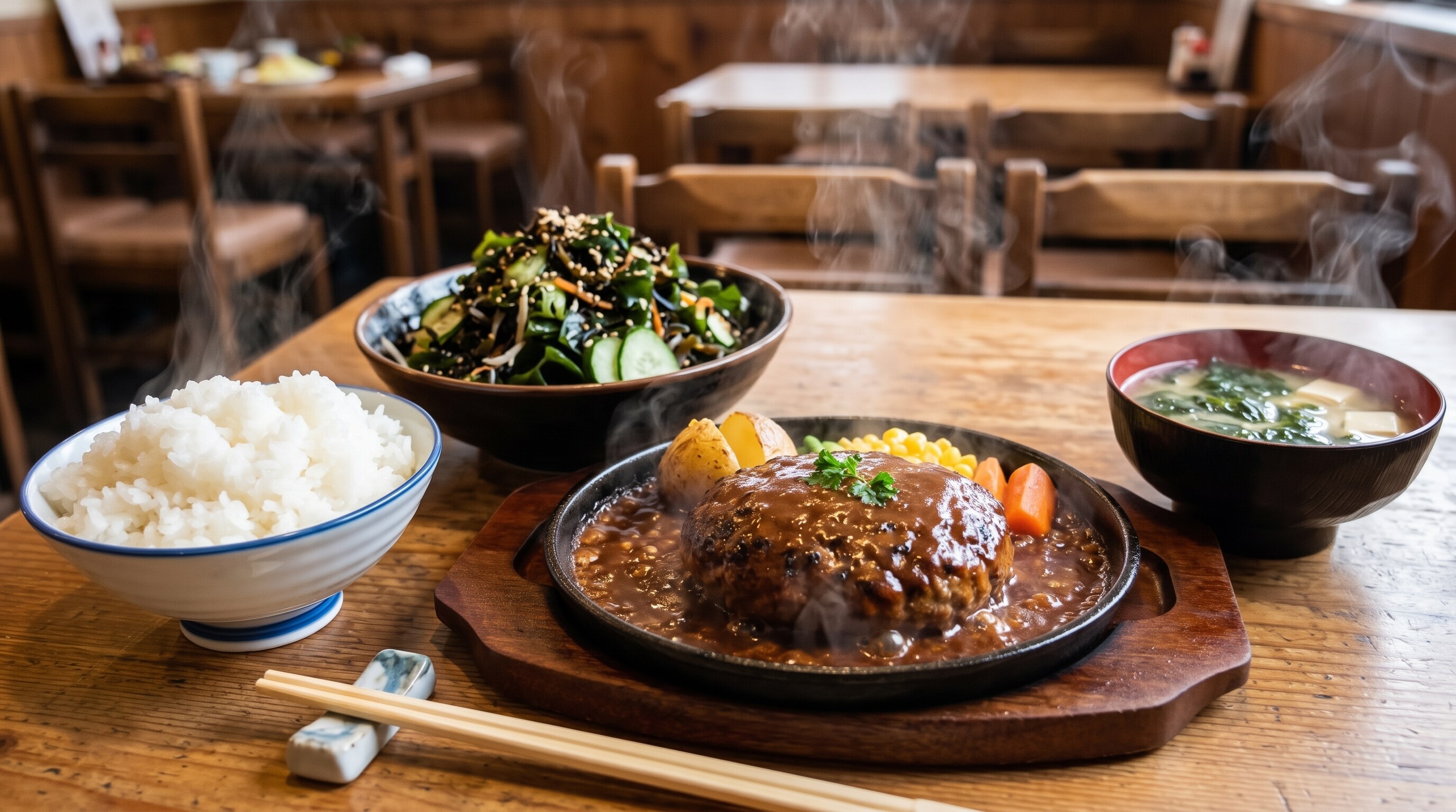 摩訶不思議食堂の海藻サラダとハンバーグのセット | の人気AIイラスト・グラビア
