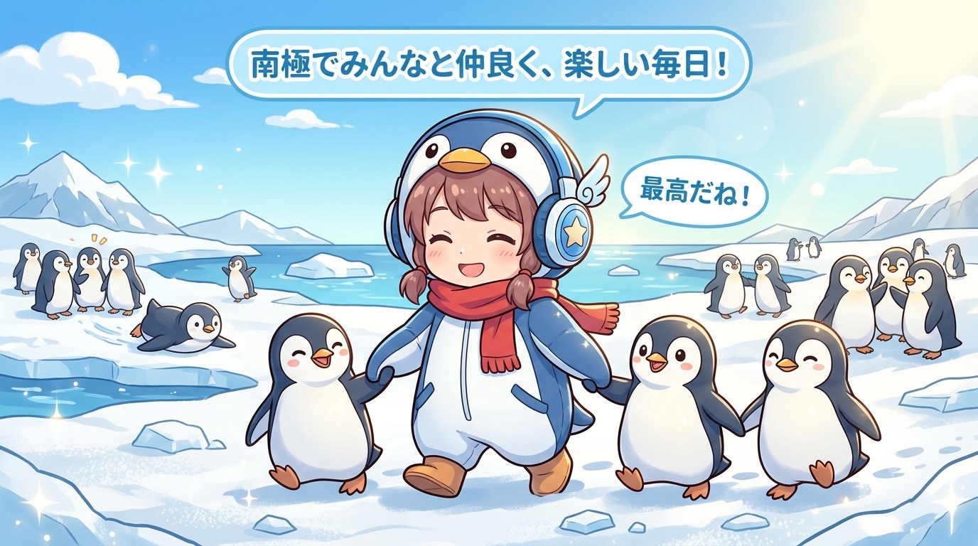ヘッドフォンを付けたペンギン娘と南極ペンギン達🧊２