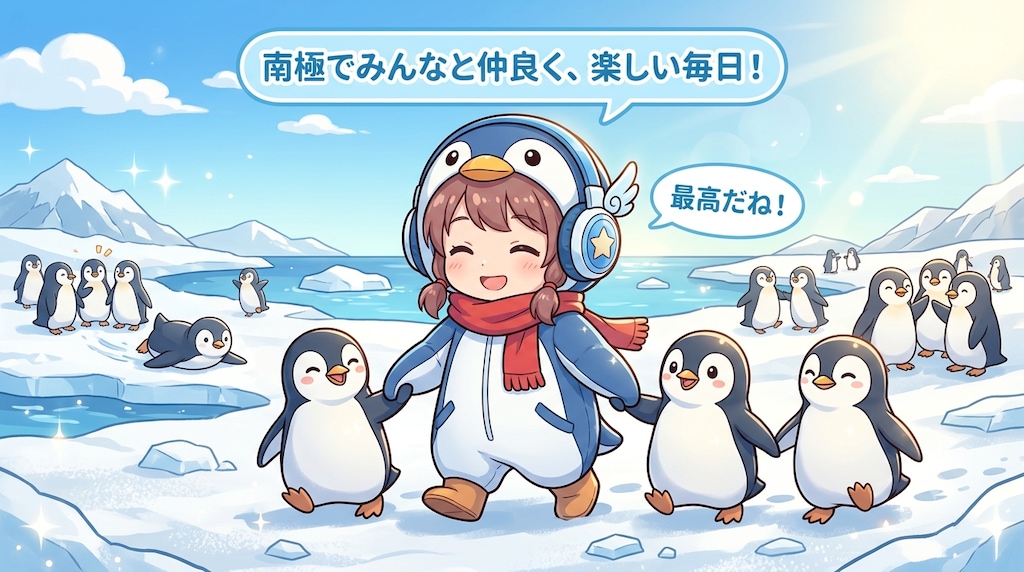 ヘッドフォンを付けたペンギン娘と南極ペンギン達🧊２