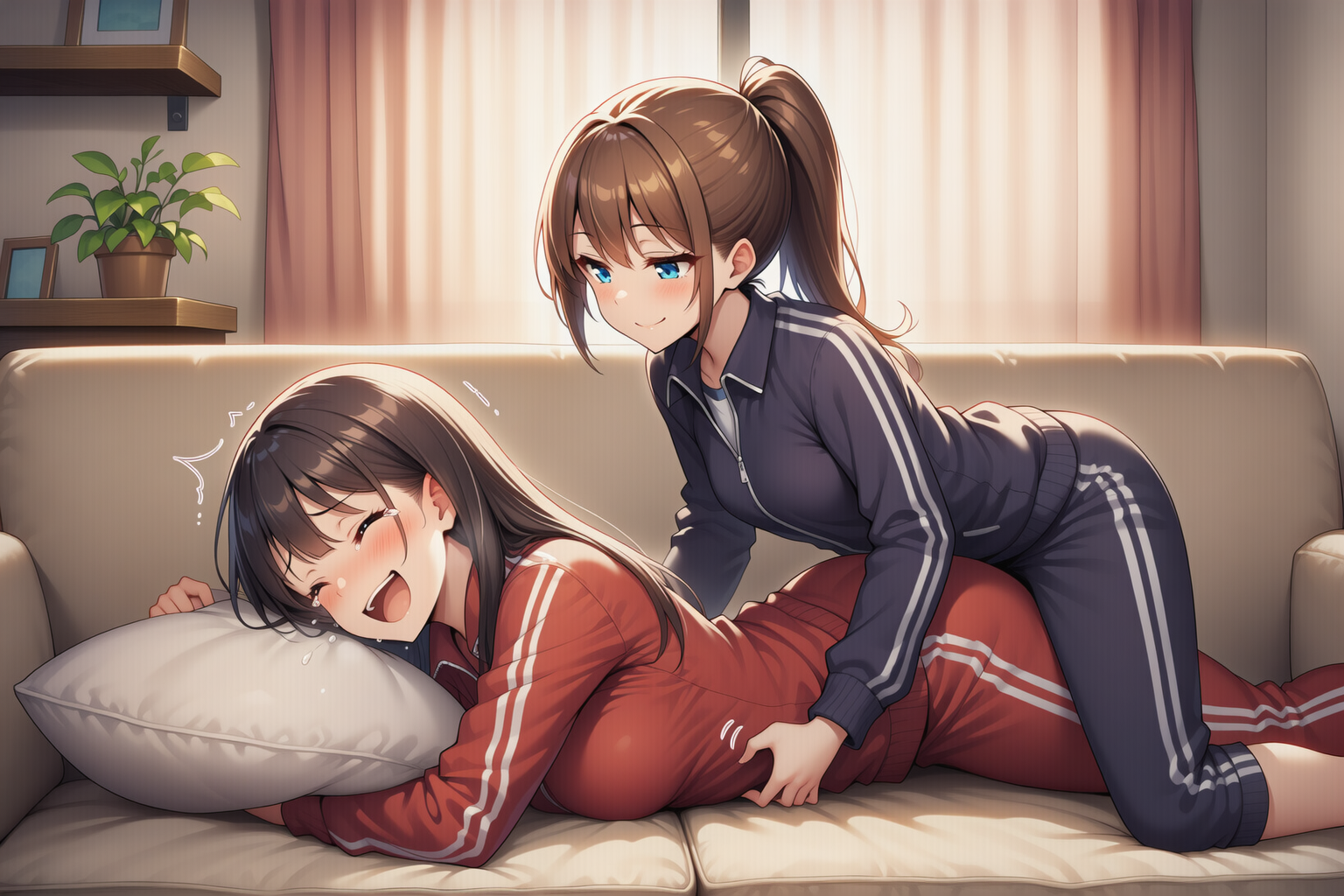 「ほら先輩、固いところはちゃんとほぐさないとですね～…こちょこちょ～♪」 「ちょっと後輩ちゃん？！くすぐりたいだけでしょ？！…ひゃあっ？！ちょ…お腹はこってな…あはははははははは！」
