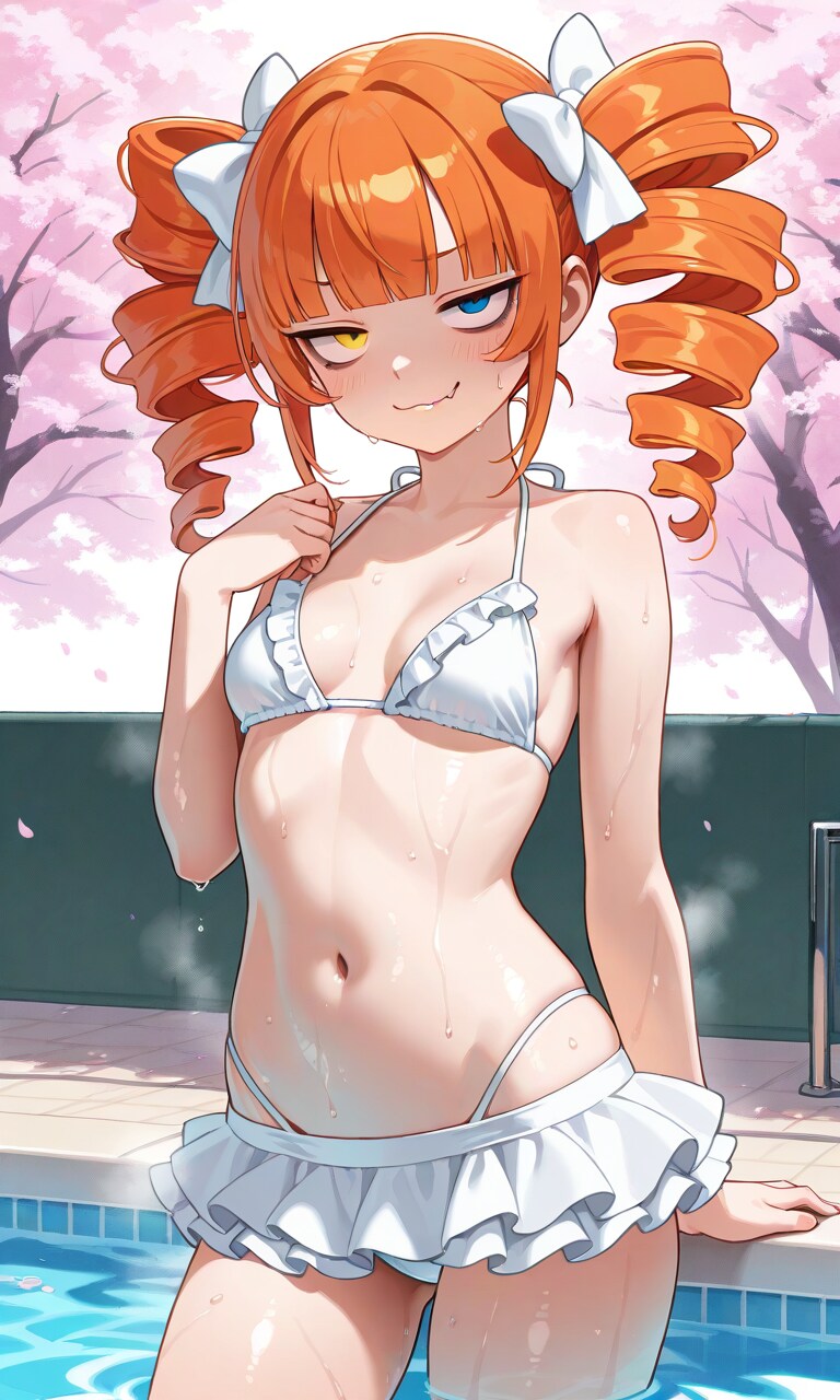 桜を見ながら泳げるなんて、いいプールでしょ？