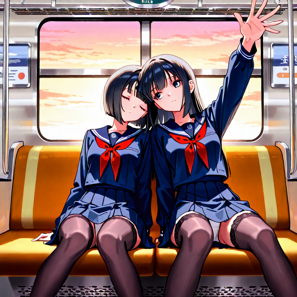 ショートちゃんとロングちゃん　吊革につかまって立とうとして油断