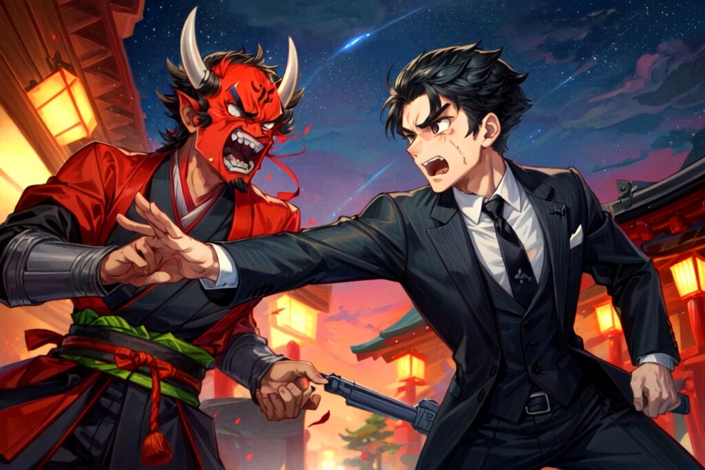 銃を持って、鬼退治に立ち向かう黒髪短髪男性！！(8枚)