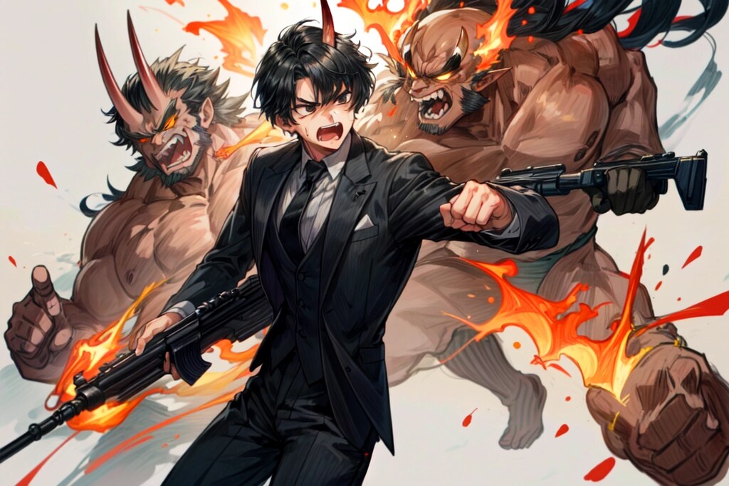 銃を持って、鬼退治に立ち向かう黒髪短髪男性！！(8枚)