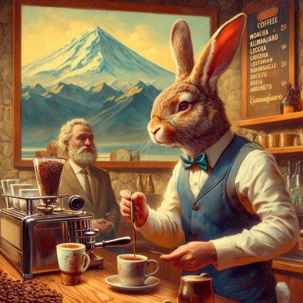 油絵ファンタジー、オシャレなコーヒー喫茶店のウサギ店員