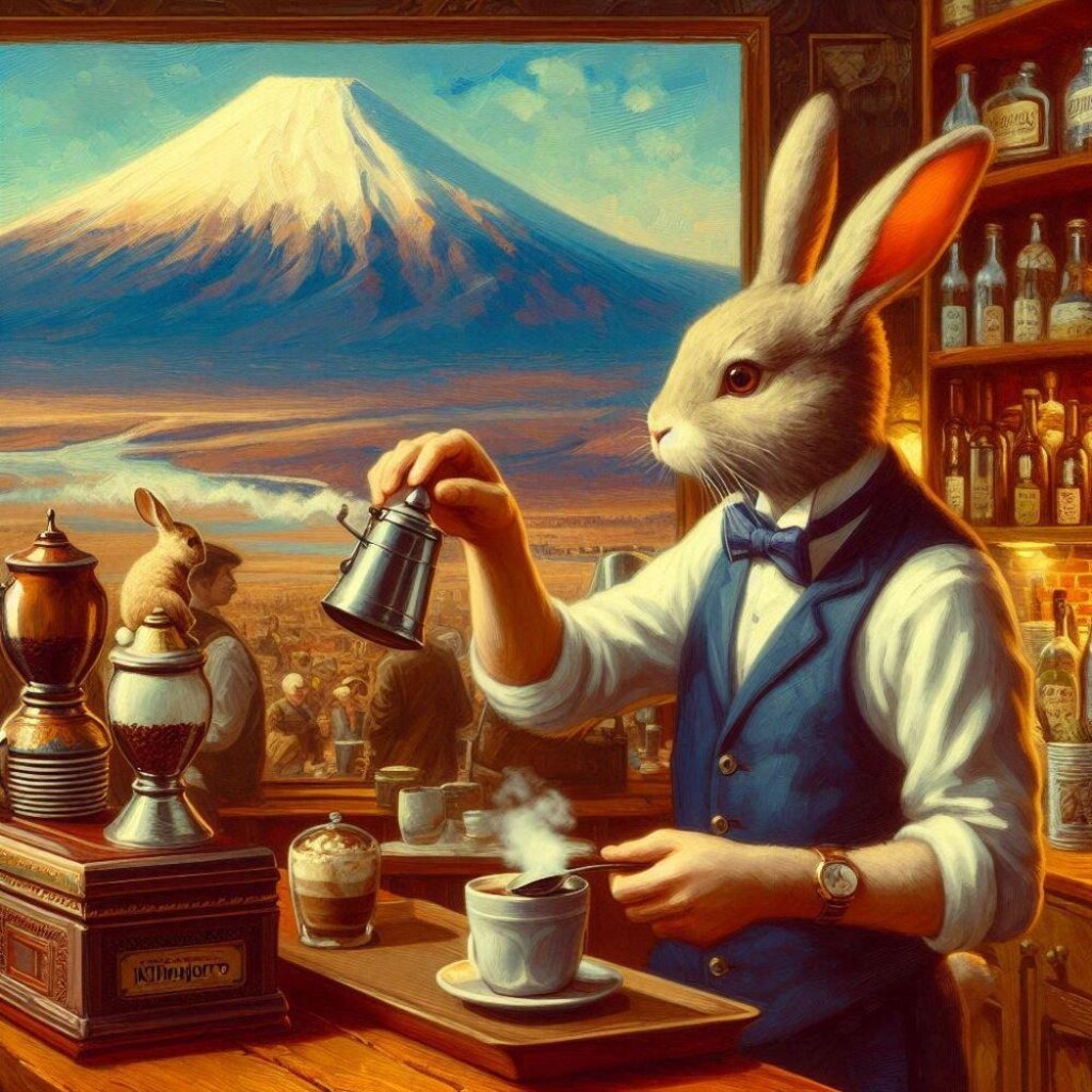 油絵ファンタジー、オシャレなコーヒー喫茶店のウサギ店員