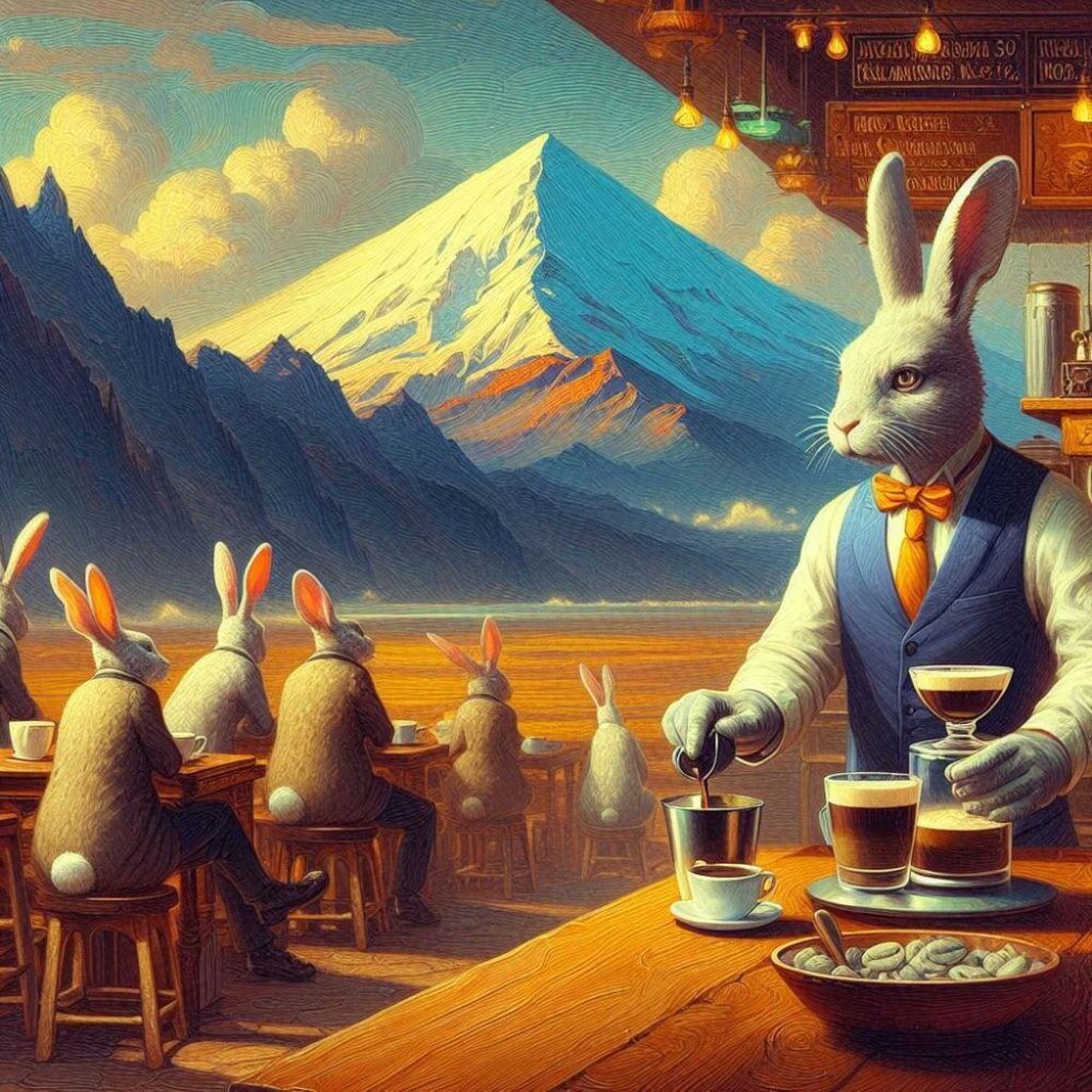 油絵ファンタジー、オシャレなコーヒー喫茶店のウサギ店員