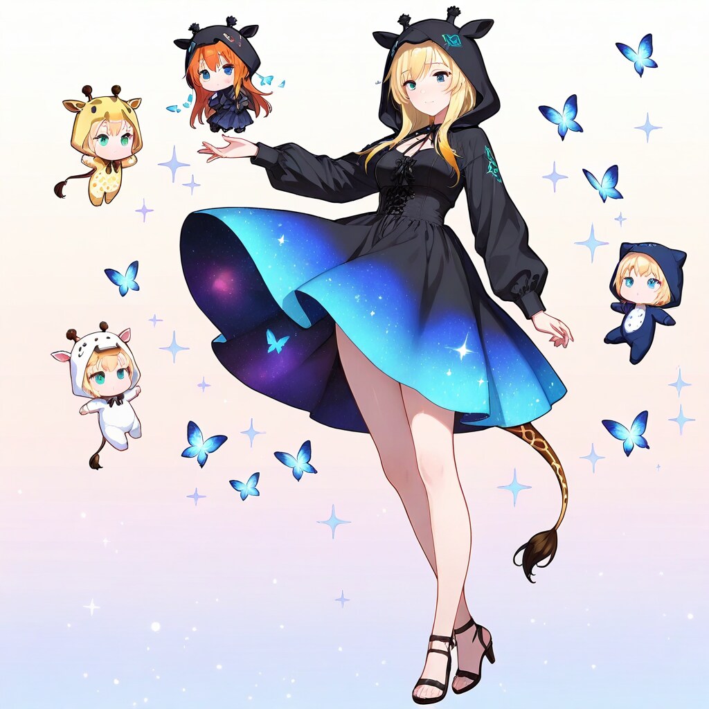 宇宙がモチーフのアニマルフーディーお姉さんとちび子ちゃんたちと蝶々 | の人気AIイラスト・グラビア